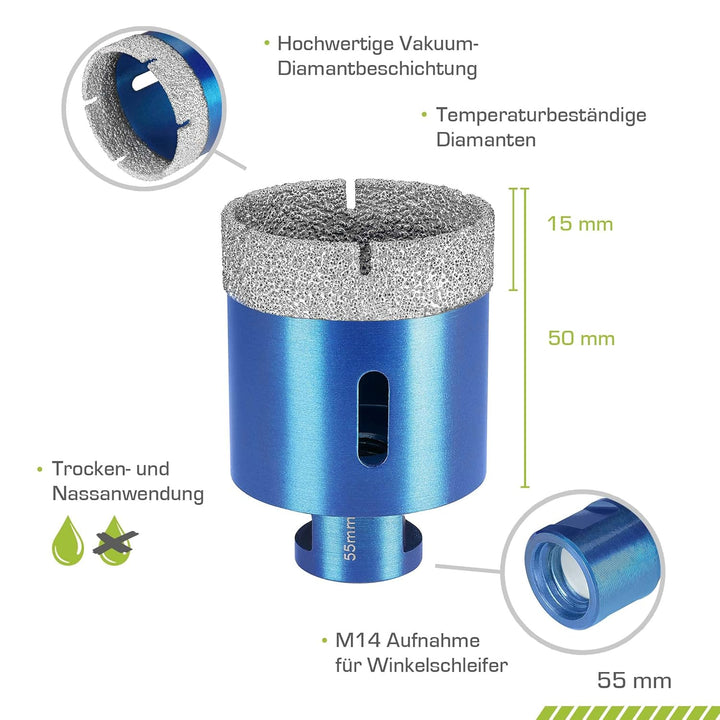 Profi Fliesenbohrer 55mm x M14 - Diamantbohrer für harte Fliesen, Feinsteinzeug uvm. Diamantbohrkron