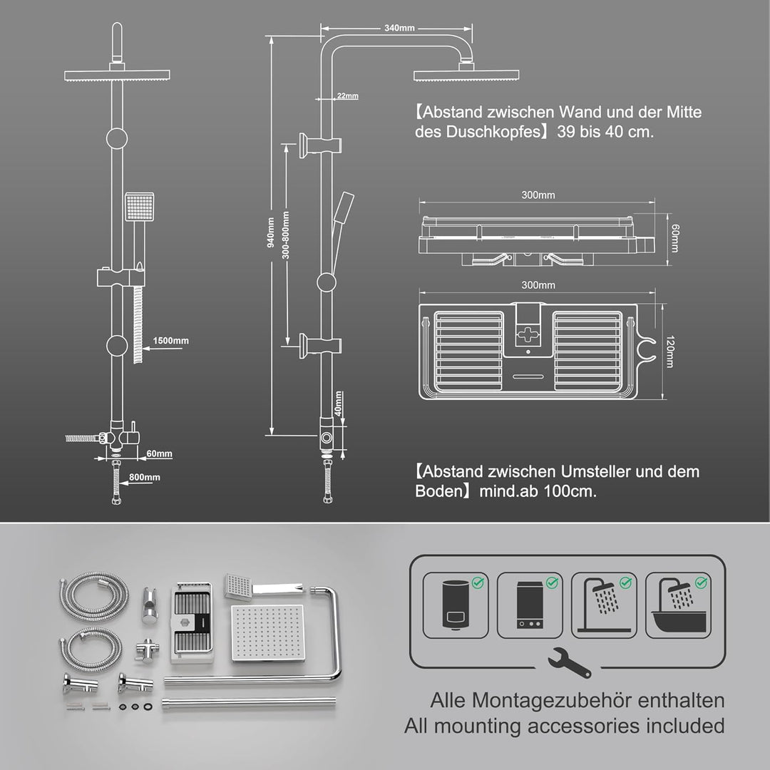 Görbach Regendusche Duschset ohne Armatur, Edelstahl Duschsystem mit Ablage, Duschstange set mit Kop