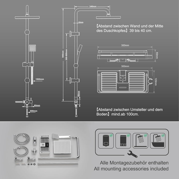 Görbach Regendusche Duschset ohne Armatur, Edelstahl Duschsystem mit Ablage, Duschstange set mit Kop