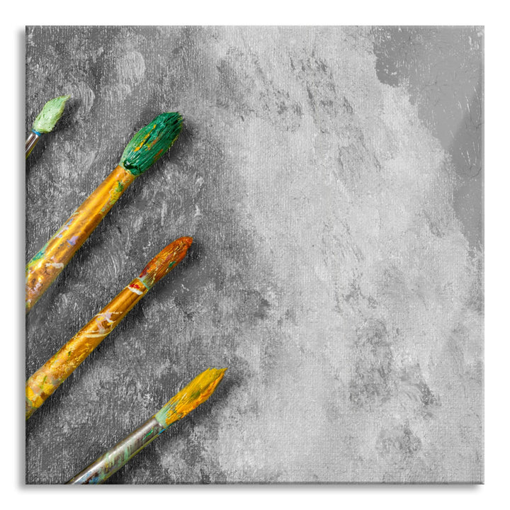 Glasbild | Wandbild auf Echtglas | Gelber Pinsel & Bild | 70x70 cm | inkl. Aufhängung und Abstandsha