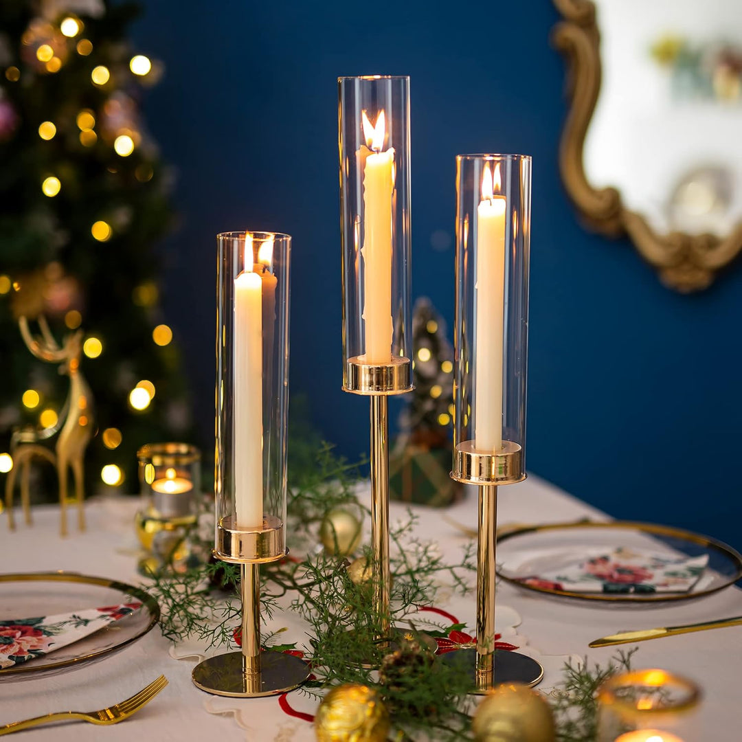 Sziqiqi 18 Stück Kerzenständer Stabkerzenhalter Gold mit Glas für Hochzeitstisch Deko - 48cm Modern