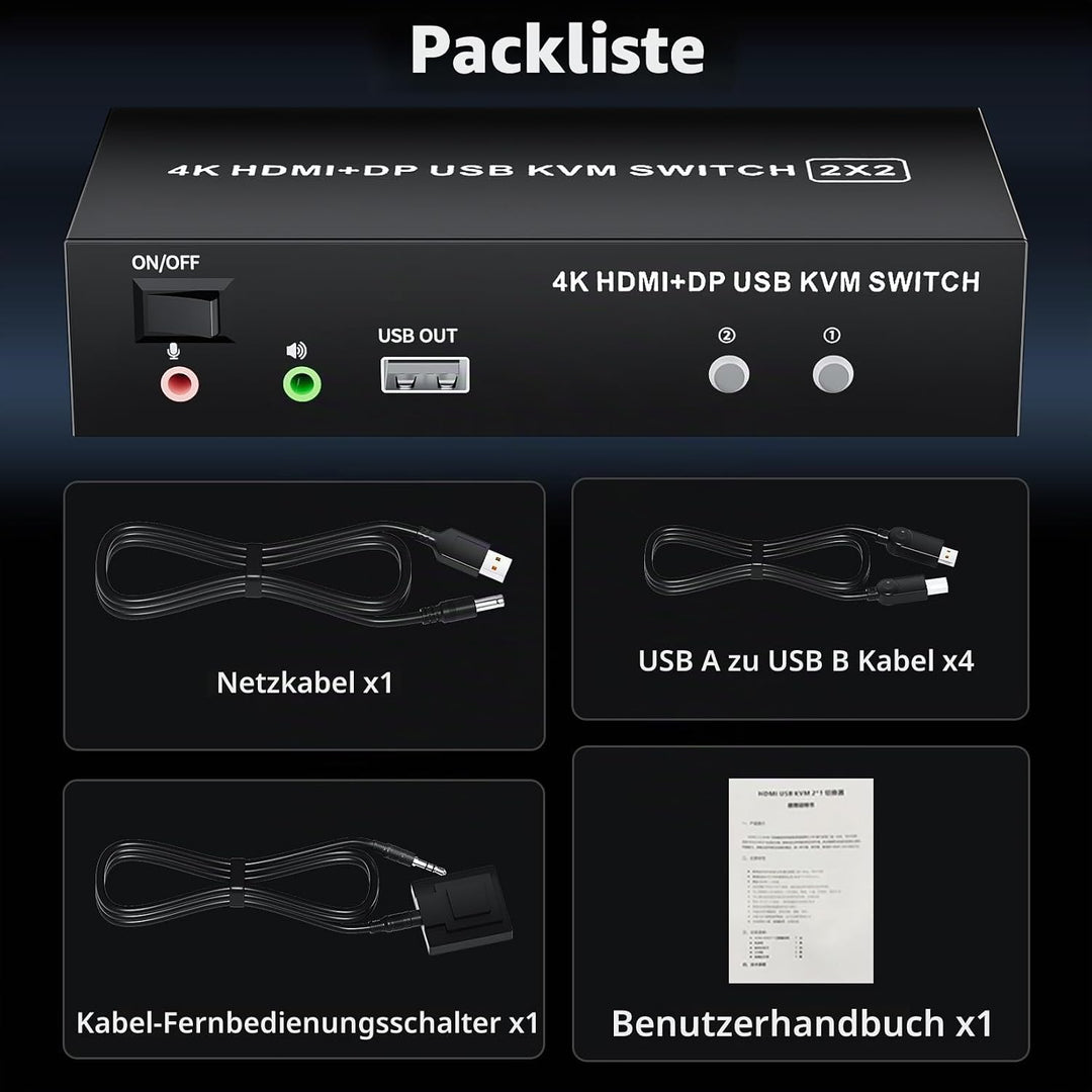 HDMI + Displayport KVM Switch 2 Port, BolAAzuL 4K@60Hz USB 2.0 KVM Switch Box 2 PC 2 Monitor HDMI 2.