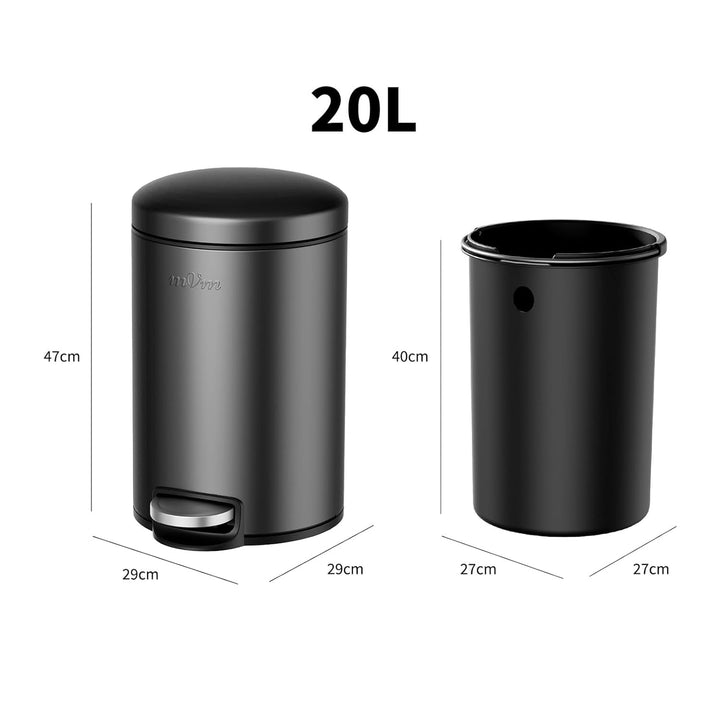 mVm Mülleimer Küche 20L, Mülleimer mit Deckel, Schwarz | Soft-Close, Herausnehmbarem Inneneimer, Fin