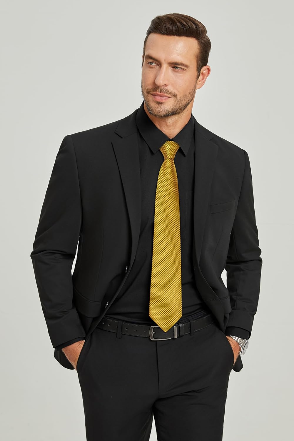 HISDERN Herren Hemd Langarm Einfarbige Hemden mit Krawatte und Taschentuch Formelle Businesshemd Hoc