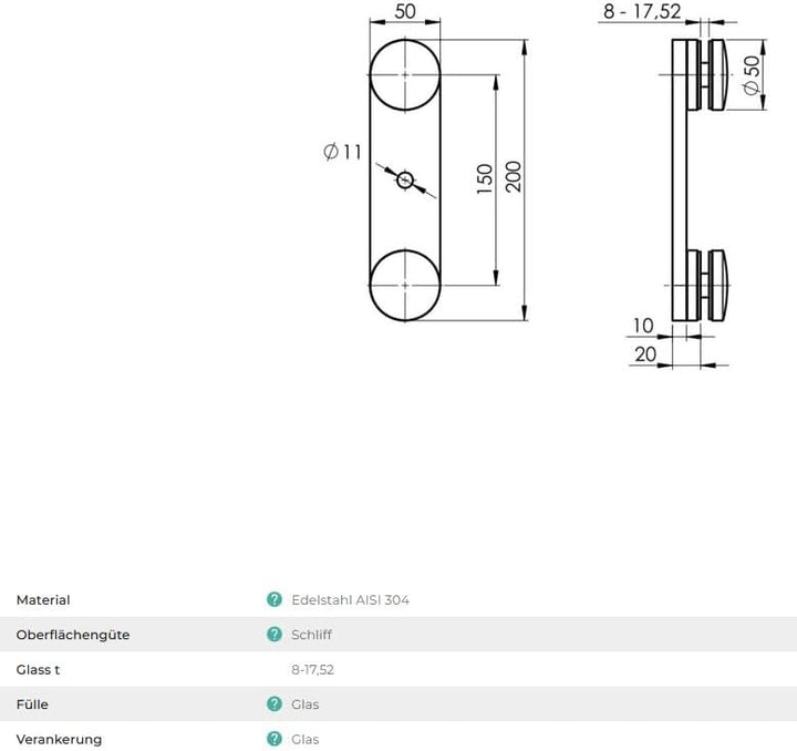 Sellon24® Edelstahl Punkthalter seitliche Montage Befestigung Glas Glasgeländer 8-17,52mm Glashalter