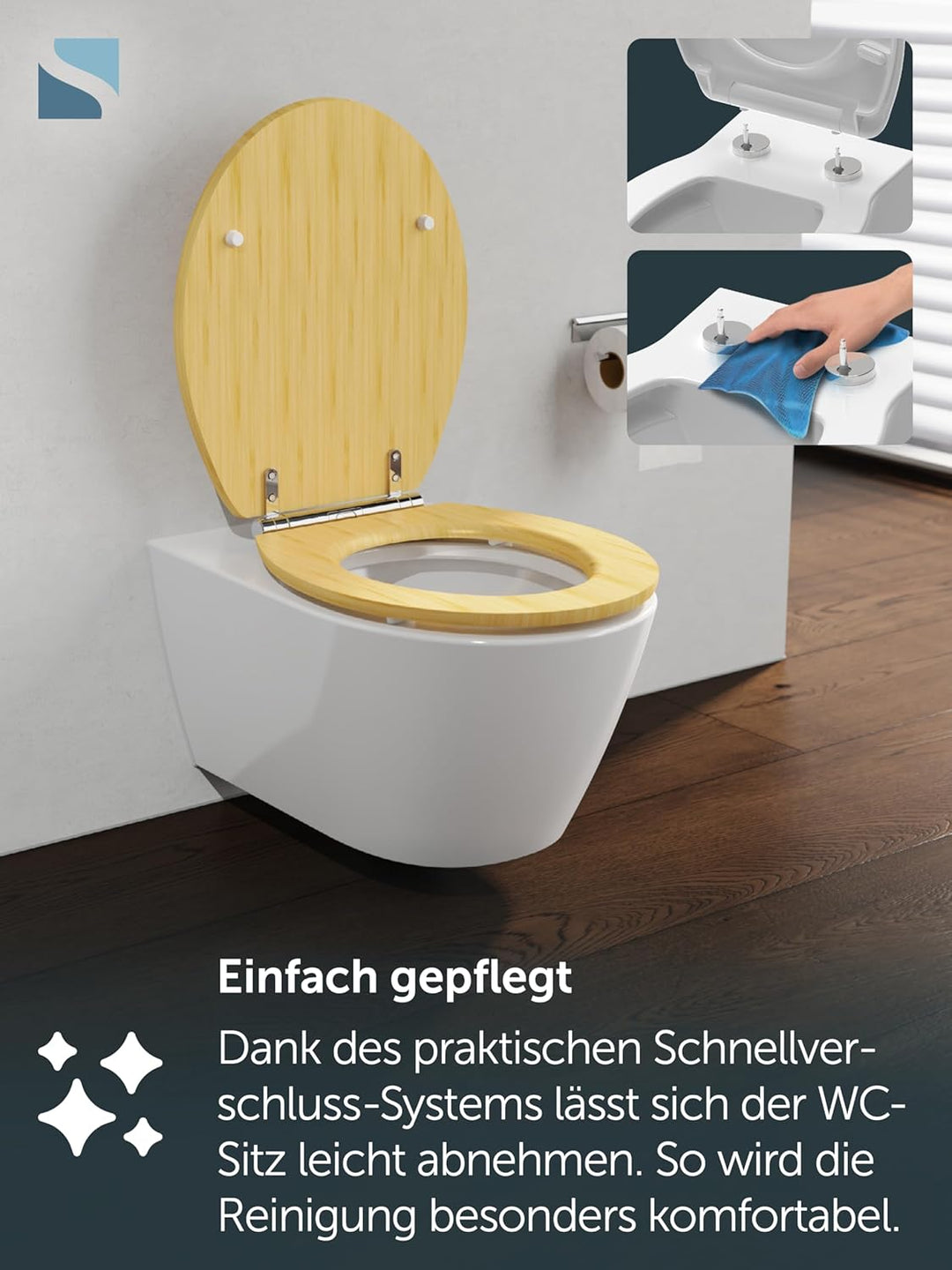 SCHÜTTE WC Sitz mit Absenkautomatik & Schnellverschluss | Abnehmbarer Toilettendeckel Holz zur Reini