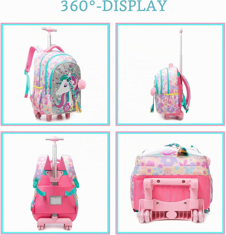 HTgroce Trolley Rucksack Mit Rollen, Federmäppchen, Lunch Tasche 3 in 1 Leicht Rolling Schulranzen f
