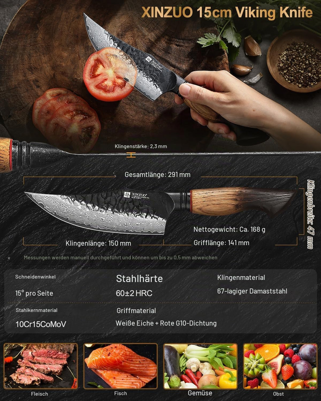XINZUO 15cm Ausbeinmesser Wikinger Messer 67 Schichten Damaststahl Handgeschmiedetes Kochmesser Scha