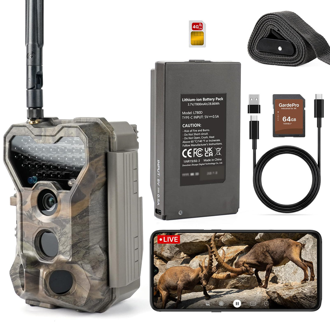 GardePro X70 Pro 4G LTE Wildkamera mit Live-Streaming, Wiederaufladbare 8000mAh Akku mit 64GB SD Kar
