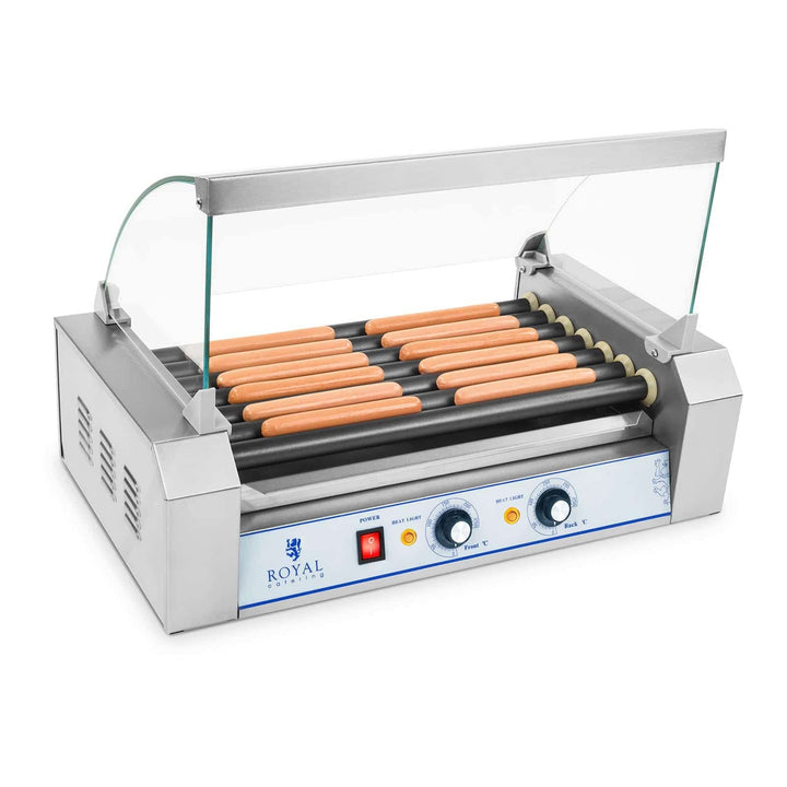 Royal Catering Hot Dog Grill - 7 Rollen, 12 Würstchen, Teflonbeschichtet, 1400 W, 2 Heizzonen, Edels