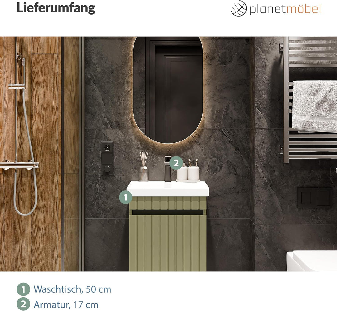 Planetmöbel Cosmia Badmöbel Set Waschtisch mit Unterschrank 50 x 60 x 35 cm Mint Grün, Armatur Badez