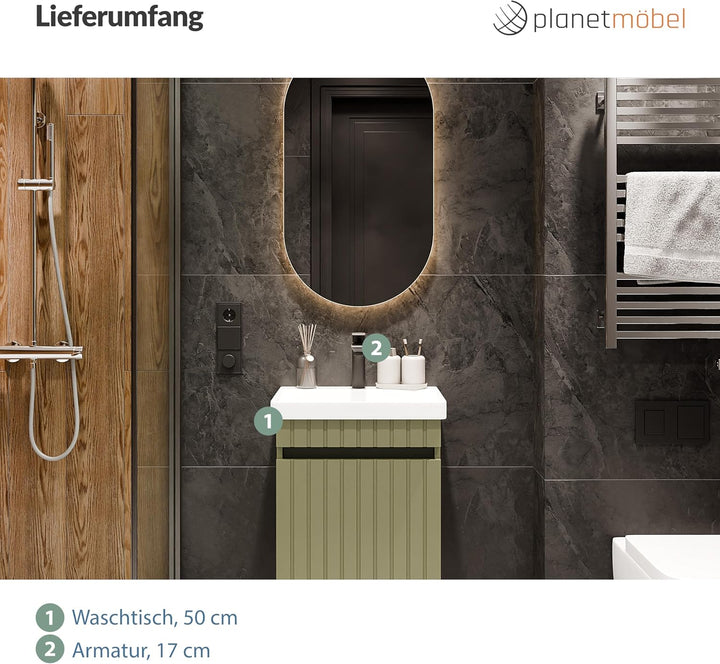 Planetmöbel Cosmia Badmöbel Set Waschtisch mit Unterschrank 50 x 60 x 35 cm Mint Grün, Armatur Badez