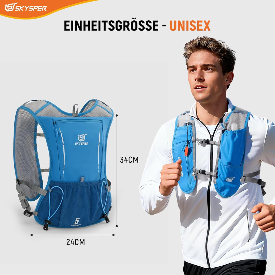 SKYSPER Laufweste Ultraleichter 5L, Trinkrucksack mit weichen Flaschen 500ml Laufrucksack Herren Dam