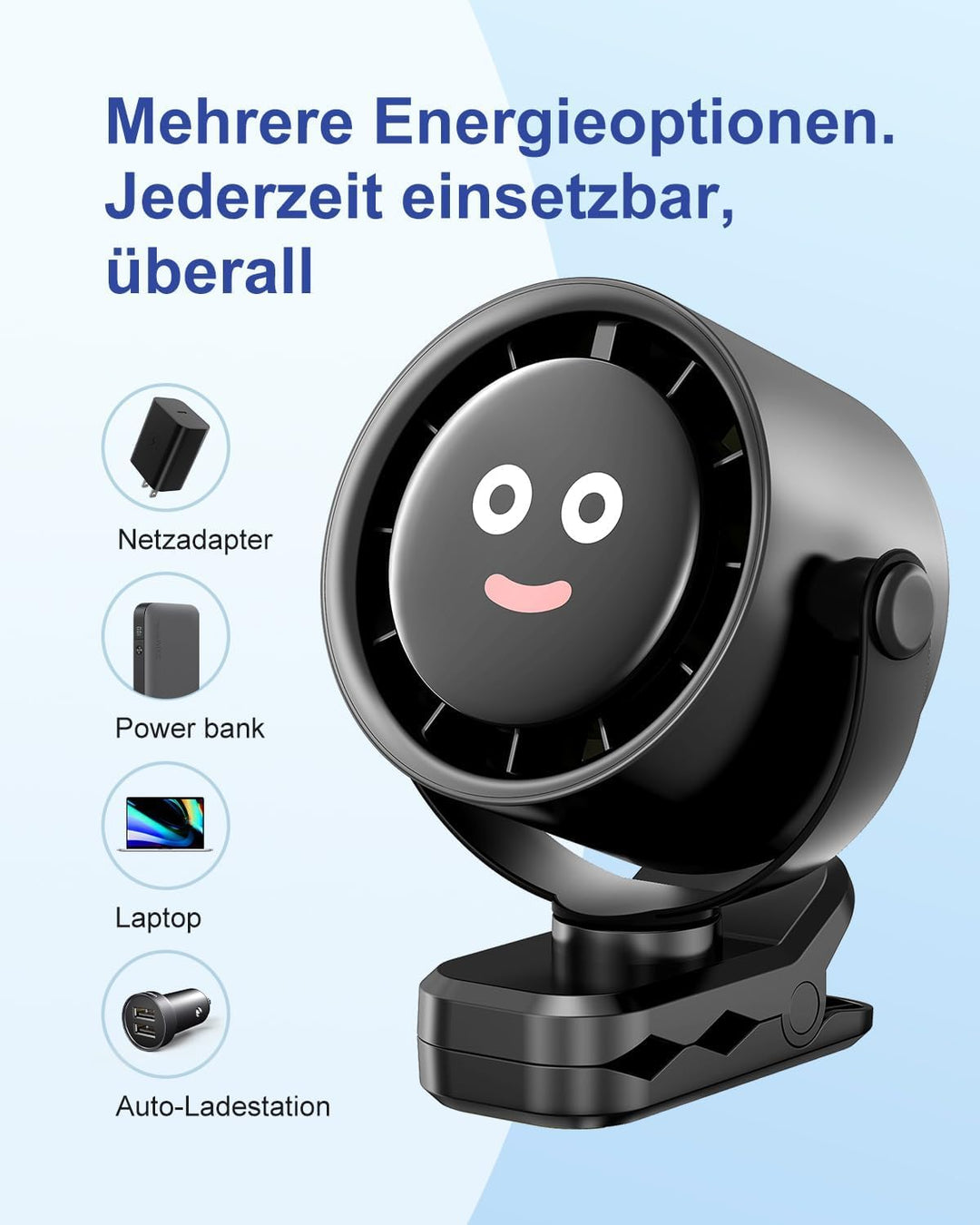 USB-C Ventilator Wiederaufladbar mit Klemme Tischventilator | 5 Geschwindigkeiten, LED Display, 360°