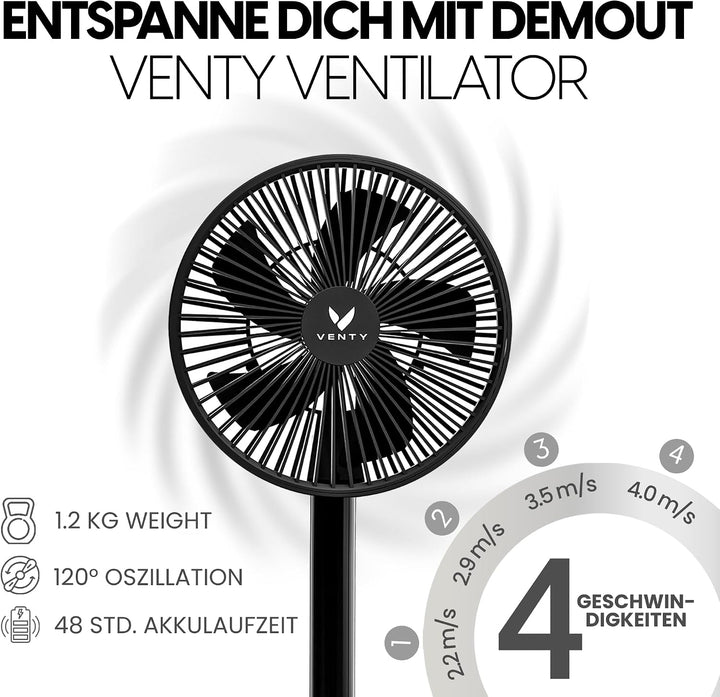 VENTY Tragbarer Ventilator - Faltbarer Ventilator Akku mit Transporttasche, Ladeanschluss und USB-An