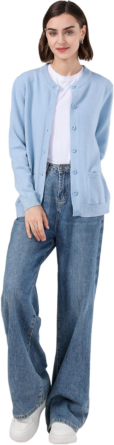 SMILING PINKER Damen Strickjacke Langarm Cardigan Warm Rundhals Strickweste Jacke mit Knopfleiste un