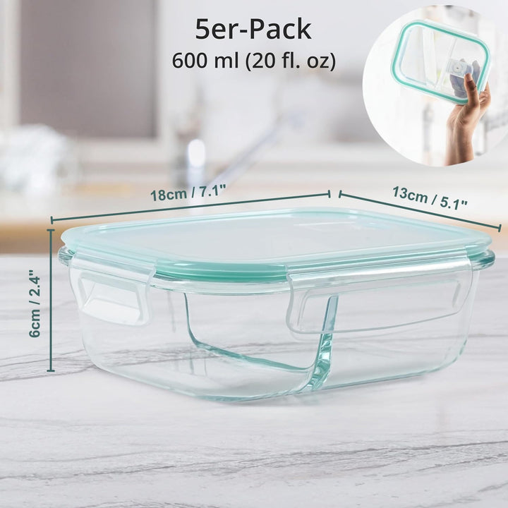 Winter Shore Meal Prep Boxen Glas mit 2 Fächern (5er-Pack) - Lebensmittelsichere, BPA-Freie, Auslauf