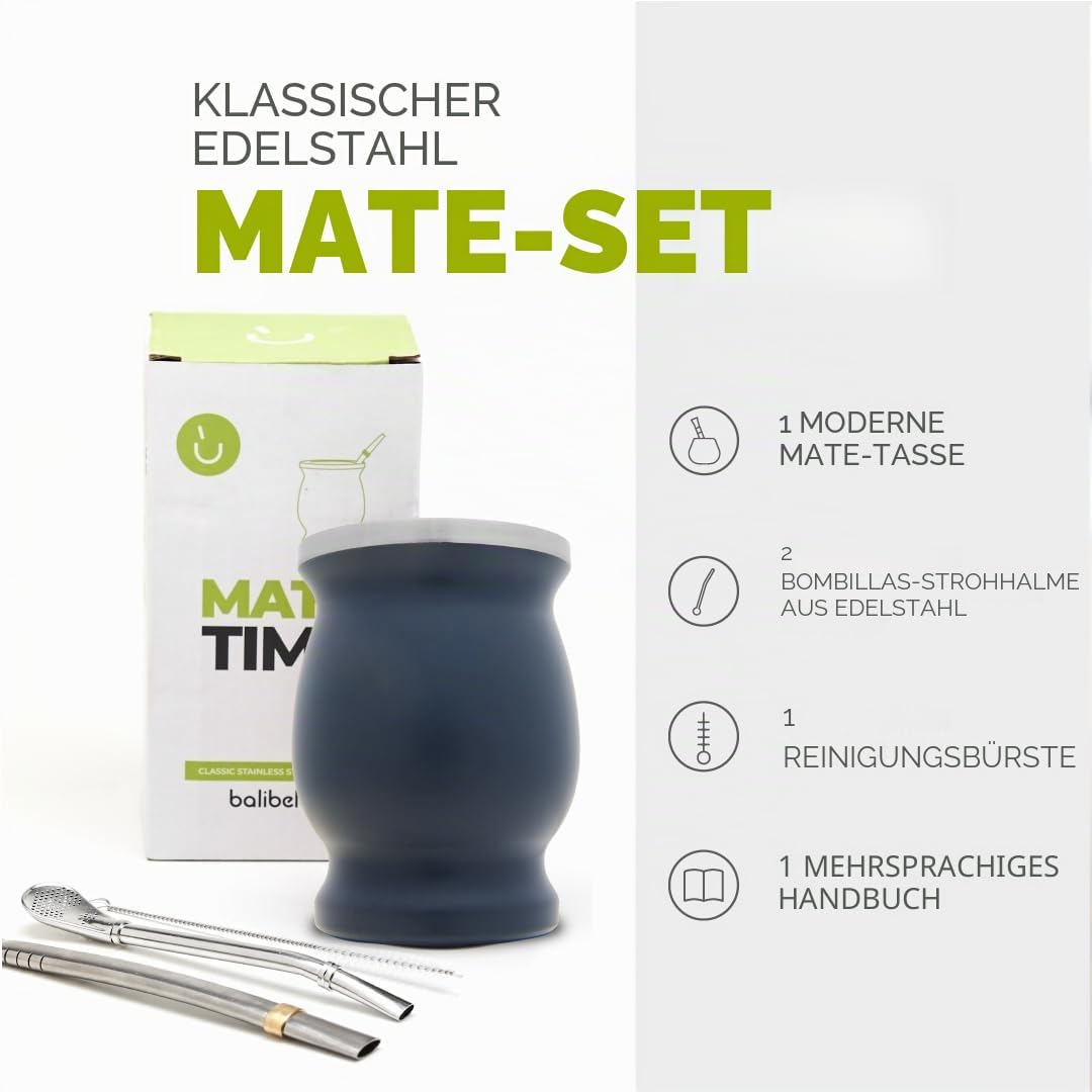 balibetov Yerba Mate Becher Set aus Edelstahl mit Bombilla für Mate Dunkelgrau 237 ml, Dunkelgrau 23