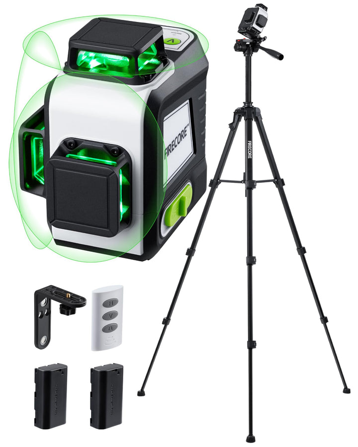 Firecore Kreuzlinienlaser mit Stativ, Selbstnivellierend 3 x 360°, Grüne Nivelliergerät Laser-Wasser
