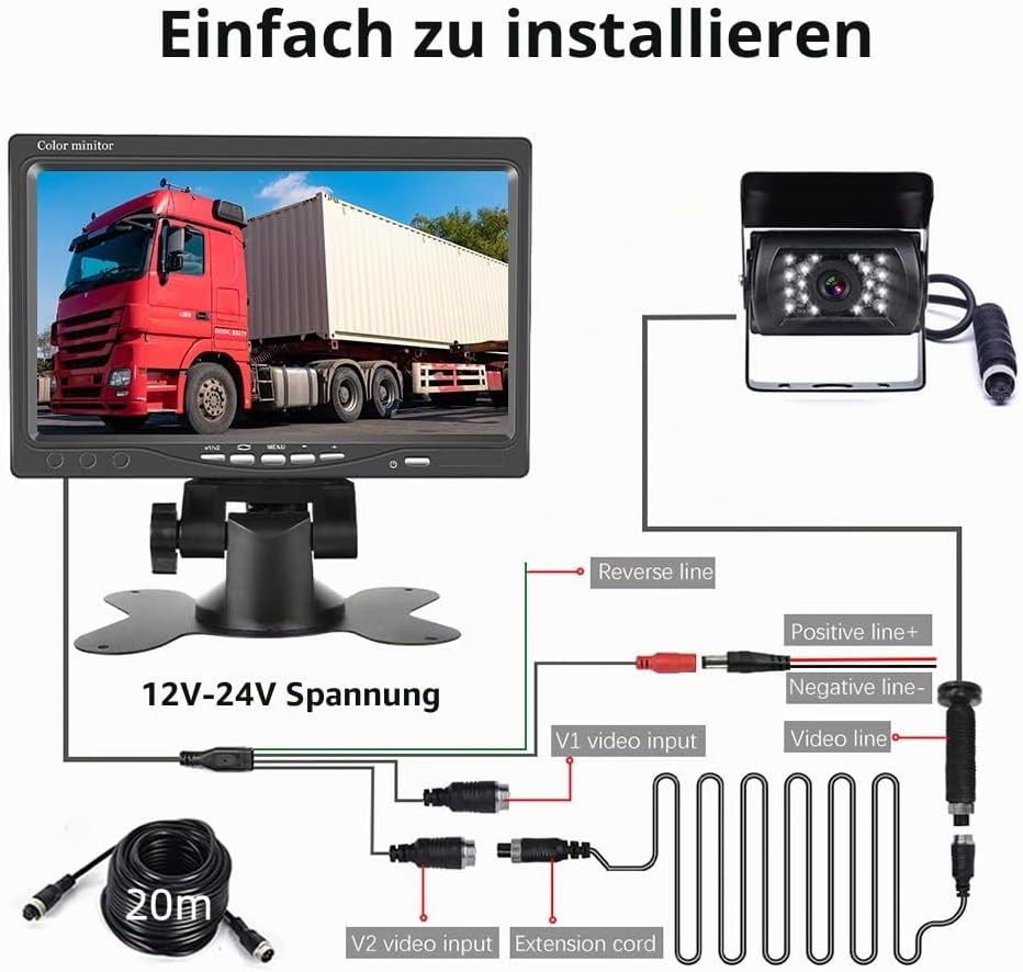 Hodozzy Rückfahrkamera-Set mit 7-Zoll-HD-Monitor, IP68 wasserdichte 18 IR Nachtsicht-Auto-Backup-Kam