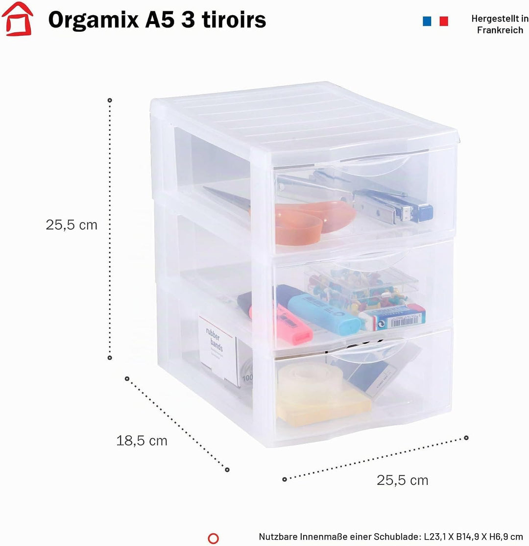 SUNDIS Orgamix, schubladenbox aus Kunststoff, 3 transparente Schubladen im Format A5, Höhe 25,5 cm,
