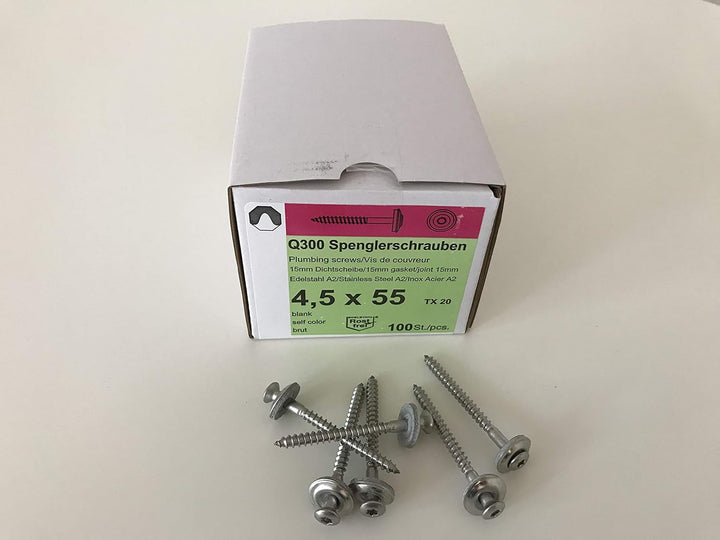 Set aus je 100 Stück Abstandhalter & Spengler-Schrauben TX20 EPDM-Dichtscheiben 4,5x55mm für Trapez-