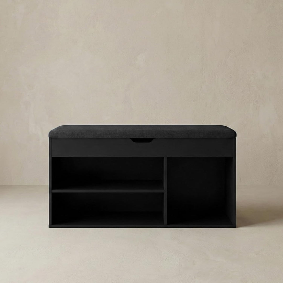 BOXIMO TRIA Schuhschrank mit Sitzbank, MDF und Polyester, 80 x 43 x 30 cm (Schwarz), Schwarz