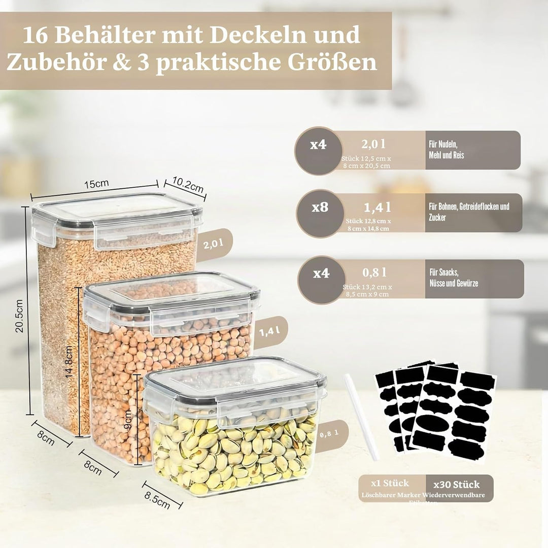 GoMaihe Vorratsdosen 16 Set, Aufbewahrungsbox Küche Organizer, Luftdicht Vorratsbehälter Plastik mit