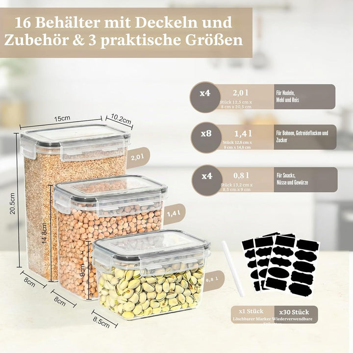 GoMaihe Vorratsdosen 16 Set, Aufbewahrungsbox Küche Organizer, Luftdicht Vorratsbehälter Plastik mit
