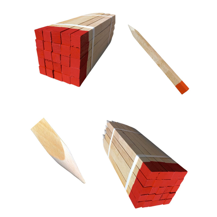 100 Stück Holzpfähle aus Buche Orange Lackierter Spitze Quadratisch Längen 40 cm Markierungspfosten