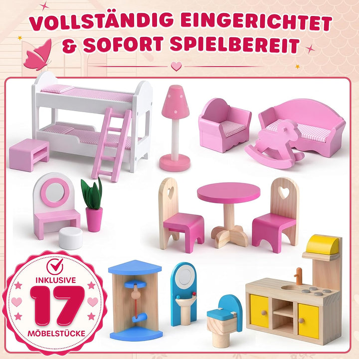 Kinderplay Puppenhaus Holz Gross, Puppenvilla, Puppenhaus Holz Gross komplett - Barbie Traumvilla, B