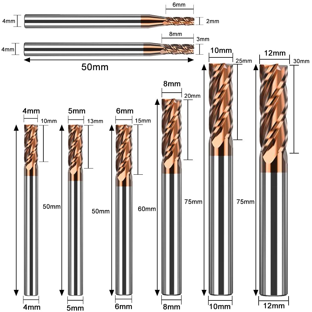 ASNOMY 8tlg VHM Schaftfräser 4 Flöten Hartmetall Nutenfräser Fräser Durchmesser 2-12mm CNC Schaftfrä