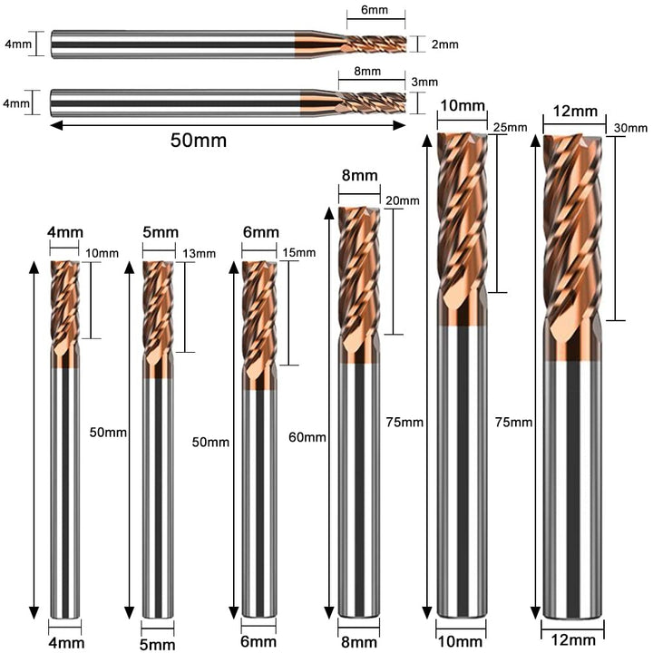 ASNOMY 8tlg VHM Schaftfräser 4 Flöten Hartmetall Nutenfräser Fräser Durchmesser 2-12mm CNC Schaftfrä