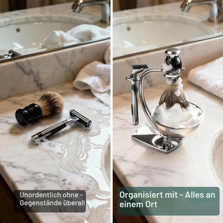 GRUTTI 3-in-1-Rasierset für Männer,Rasierhobel Ständer + Rasierpinsel aus Dachshaarimitat + Rasiersc