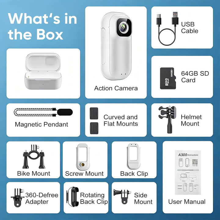 360° Action Cam Mini Actionkamera 1080P Bodycam Unterwasserkamera 30m/98ft Wasserdicht WiFi Kamera V