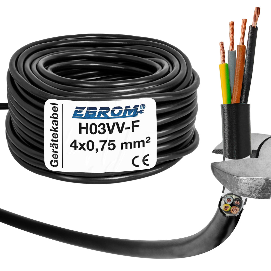 EBROM Schlauchleitung Gerätekabel -RUND- H03VV-F 4x0,75 mm², schwarz, 75 m 75 Meter, 75 Meter