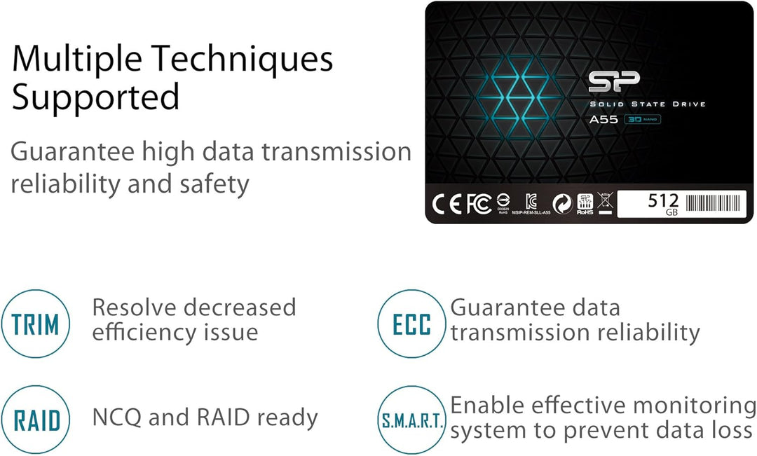 Silicon Power SSD 512GB 3D NAND A55 SLC Cache Performance Boost 2,5 Zoll SATA III 7mm (0,28") Intern
