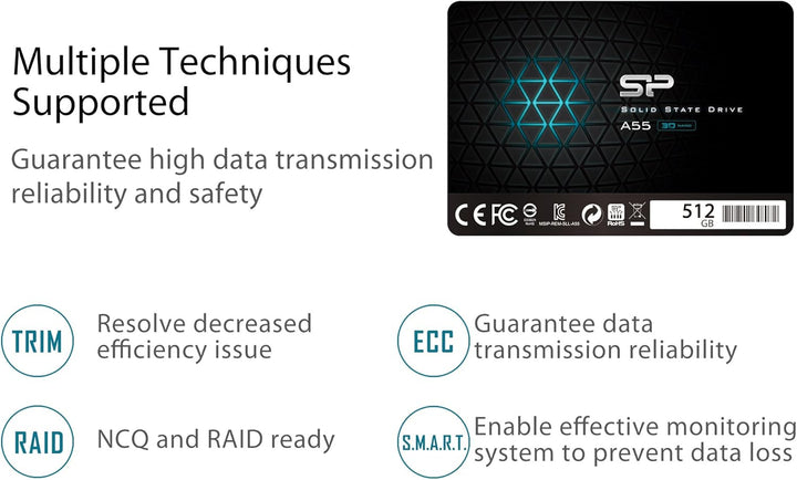 Silicon Power SSD 512GB 3D NAND A55 SLC Cache Performance Boost 2,5 Zoll SATA III 7mm (0,28") Intern