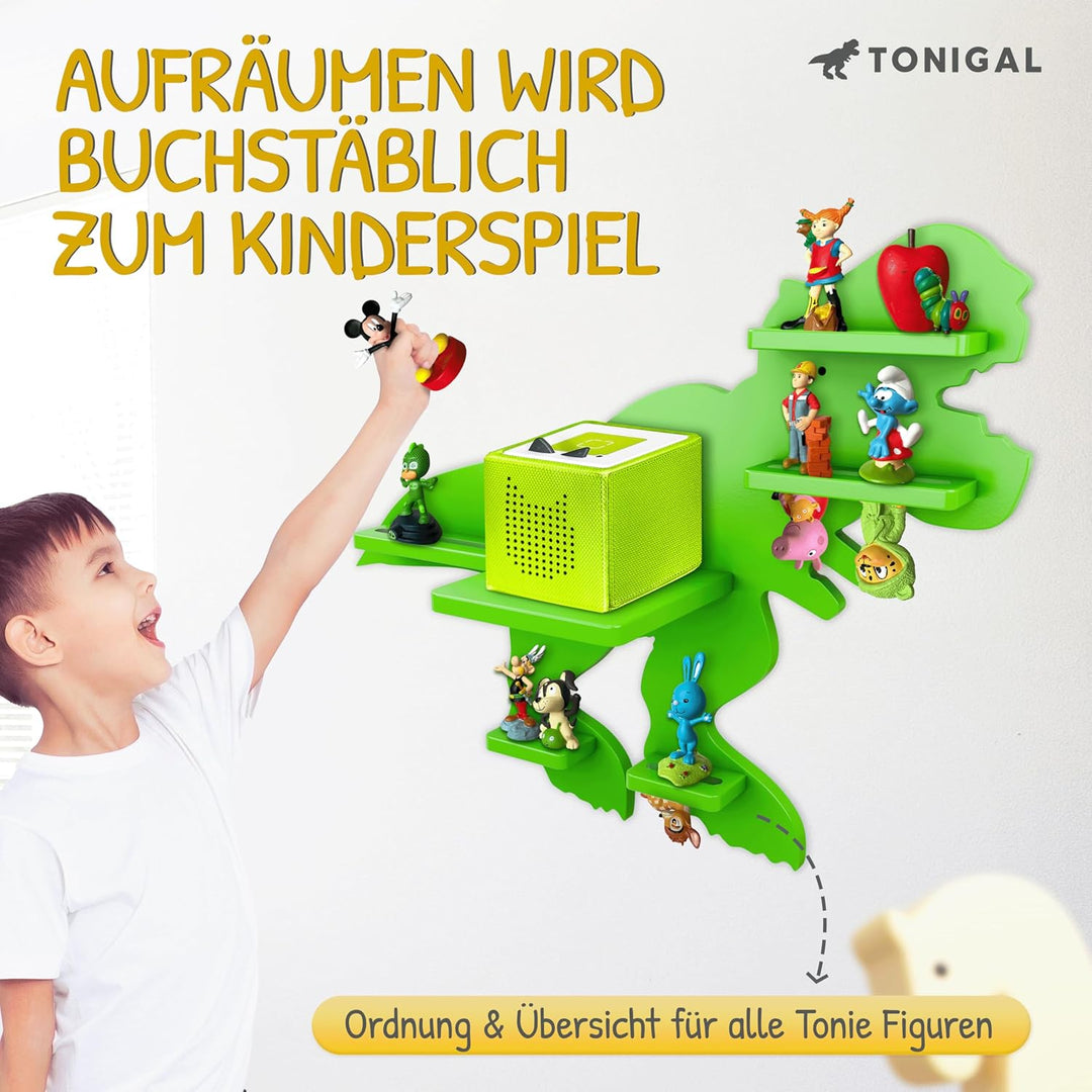 Tonie Regal Dino mit Platz für bis zu 35 Tonie Figuren, Toniebox & Ladestation I Magnetisches Tonieb