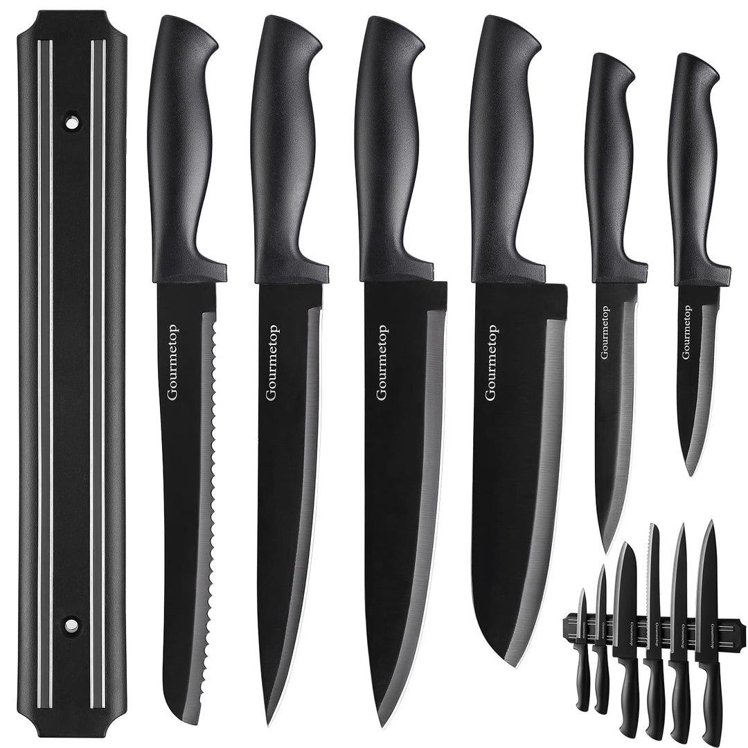 Gourmetop Kitchen Knife Set with No Drilling Magnetic Strip, Knives Set for Kitchen Black Cooking Kn