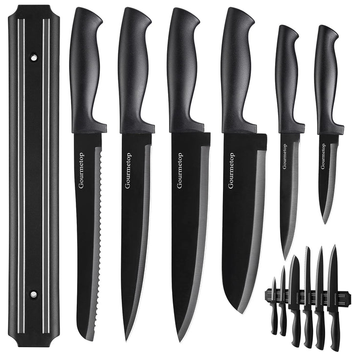Gourmetop Kitchen Knife Set with No Drilling Magnetic Strip, Knives Set for Kitchen Black Cooking Kn