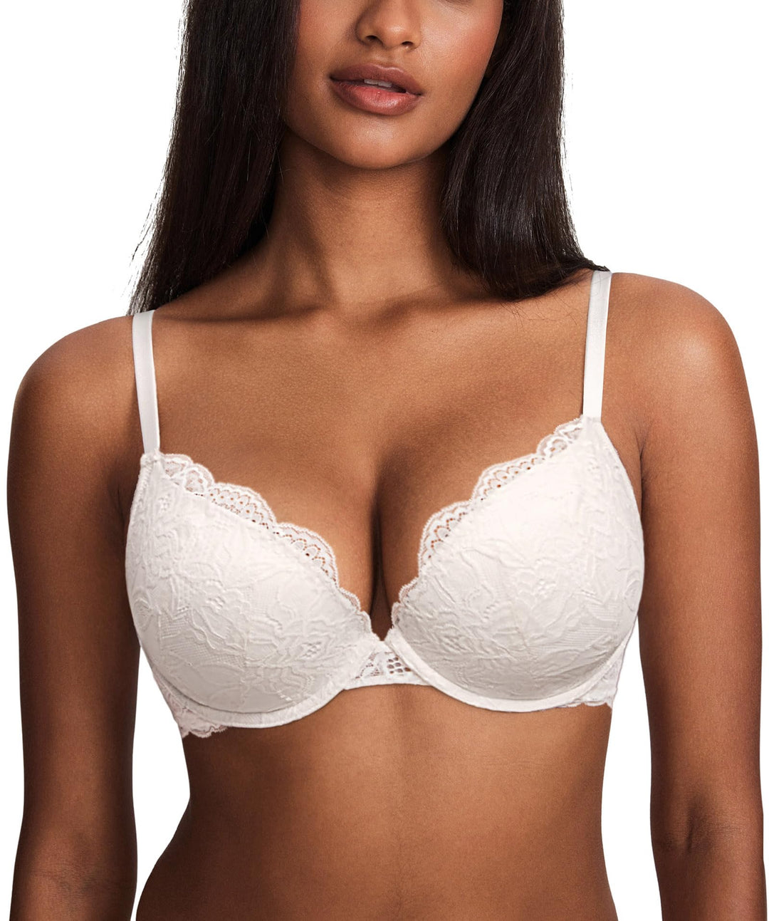 DOBREVA Damen Push Up BH Mit Spitze Gepolstert Plunge Bügel Vollschalen BHS Gemoldete Cups 70C Kokos