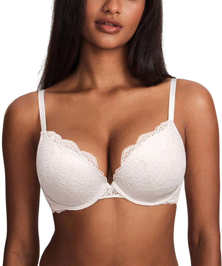DOBREVA Damen Push Up BH Mit Spitze Gepolstert Plunge Bügel Vollschalen BHS Gemoldete Cups 70C Kokos