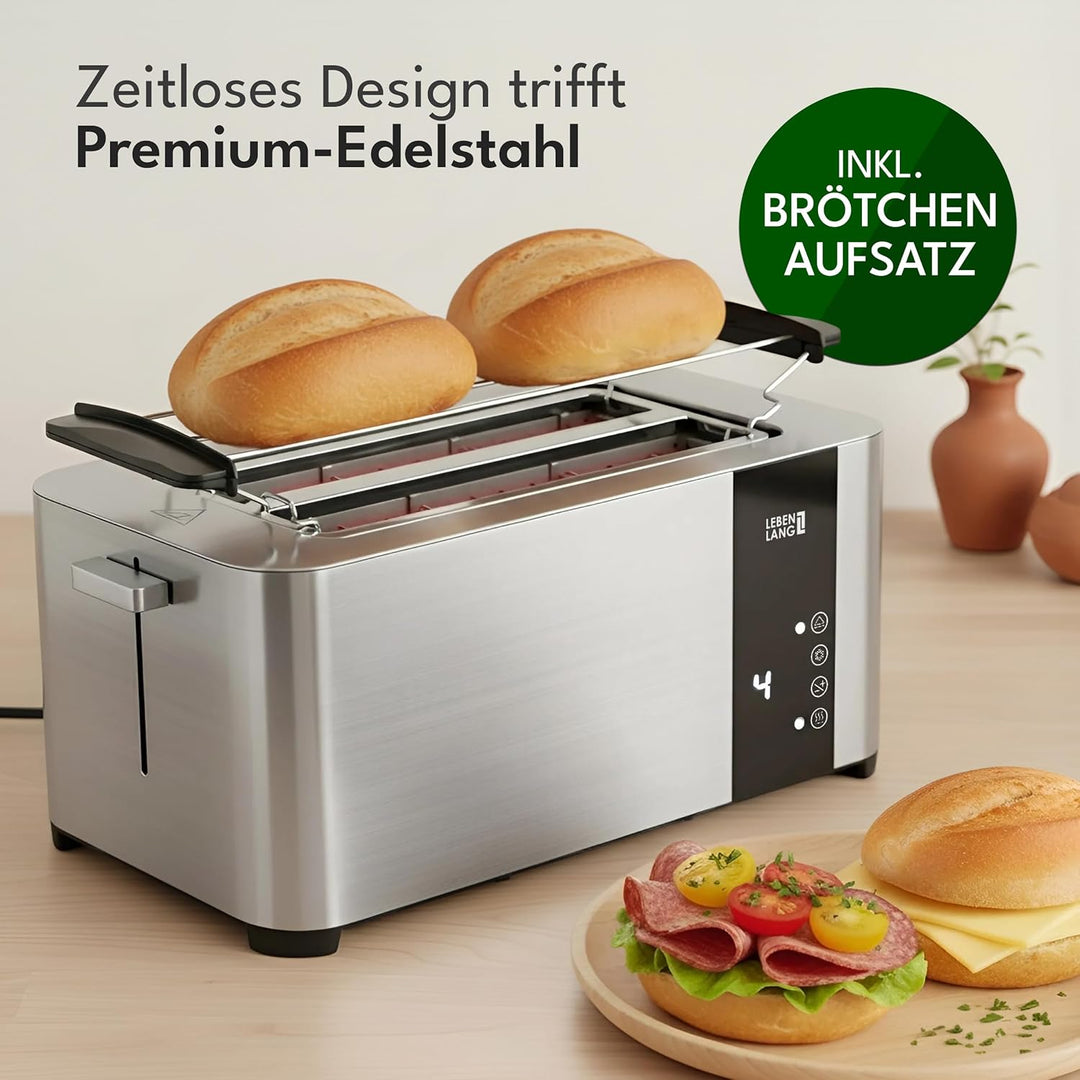 LEBENLANG Langschlitz Toaster 4 Scheiben mit Brötchenaufsatz - Touchscreen LED Display & 7 Stufen I