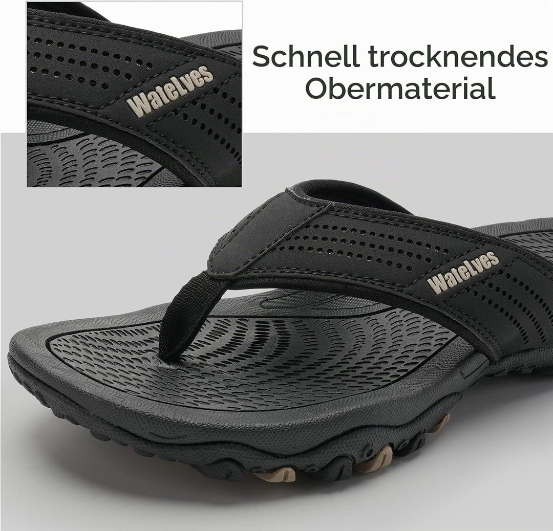 WateLves Herren Flip Flops Zehentrenner Leder mit Arch Support Sandalen Weich Leder Stoff Badelatsch