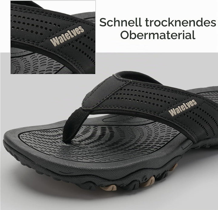 WateLves Herren Flip Flops Zehentrenner Leder mit Arch Support Sandalen Weich Leder Stoff Badelatsch
