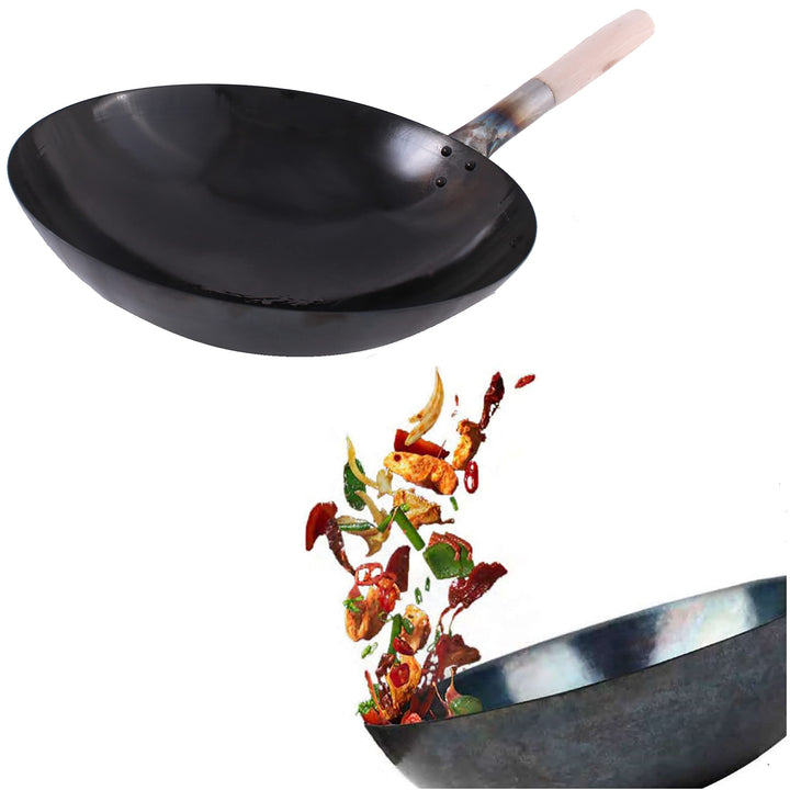 Wok Pfanne runder Boden Eingebrannt Voreingebrannt aus Carbonstahl natürliche Antihaftschicht (36 cm