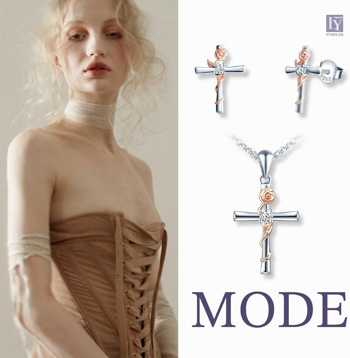 Yumilok Damen Schmuckset Halskette Kette Ohrringe Set Zirkonia Kreuz Rose Halskette mit Ohrringe für