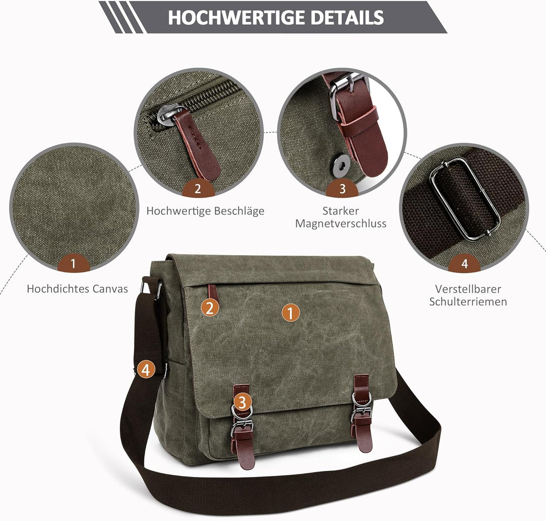 DORRISO Herren Umhängetasche Mode Schultertasche Leinwand Schultertaschen für 13.3 Zoll Laptop Kurie