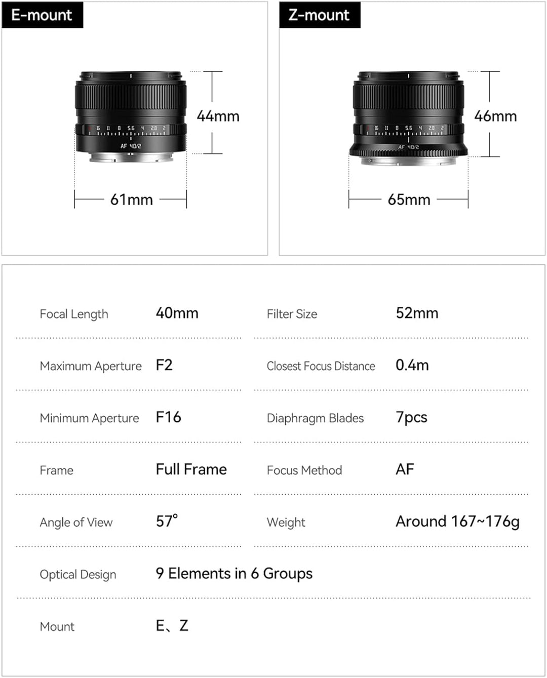 TTARTISAN AF 40mm F2 FE Vollformat Objektiv für Sony E, Autofokus Kompaktes Leichtes Kameraobjektiv